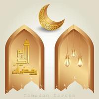 Caligrafía árabe de Ramadán Kareem con silueta de mezquita, luna creciente y linternas islámicas. Ramadán Kareem es un mes de ayuno para los musulmanes. vector