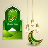 Ramadan Kareem Arabic Calligraphy with mosque silhouette, crescent moon and Islamic lanterns. Ramadan Kareem is a month of fasting for Muslims. vector