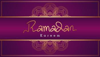 Beautiful purple and gold Arabic calligraphy Ramadan Kareem text and ornamental pattern design background. Vector Illustration