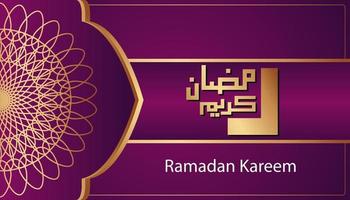 Beautiful purple and gold Arabic calligraphy Ramadan Kareem text and ornamental pattern design background. Vector Illustration