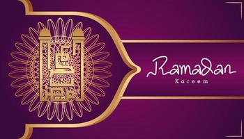 Beautiful purple and gold Arabic calligraphy Ramadan Kareem text and ornamental pattern design background. Vector Illustration