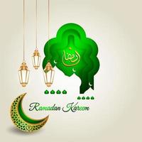 Islamic Ramadhan Kareem design with a crescent moon, Islamic lanterns, the silhouette of a mosque dome vector