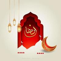 Islamic Ramadhan Kareem design with a crescent moon, Islamic lanterns, the silhouette of a mosque dome vector