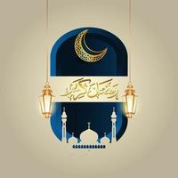 diseño islámico de ramadhan kareem con una luna creciente, linternas islámicas, la silueta de una cúpula de mezquita vector