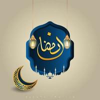 diseño islámico de ramadhan kareem con una luna creciente, linternas islámicas, la silueta de una cúpula de mezquita vector