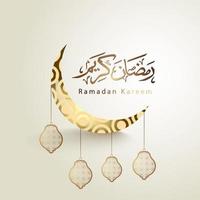 Ramadan Kareem Arabic calligraphy design with a crescent moon and islamic patterns and lanterns suitable for greeting cards and banners. vector