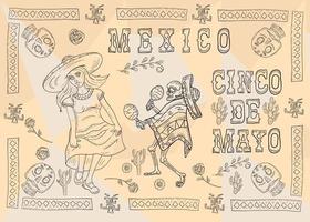 Pegatina de diseño de cartel de ilustración de contorno con marco de patrón tema mexicano para decoración de eventos y fondos vector