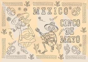 Pegatina de diseño de cartel de ilustración de contorno con marco de patrón tema mexicano para decoración de eventos y fondos vector