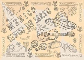 Pegatina de diseño de cartel de ilustración de contorno con marco de patrón tema mexicano para decoración de eventos y fondos vector