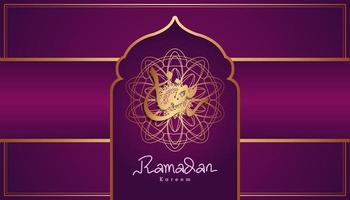 Beautiful purple and gold Arabic calligraphy Ramadan Kareem text and ornamental pattern design background. Vector Illustration