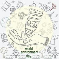 Ilustración de contorno para el diseño de varios objetos de la vida humana, tema del día mundial del medio ambiente. vector