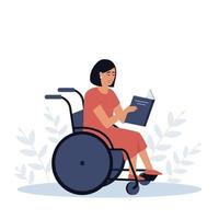 A disabled girl reads a book. Girl in a wheelchair vector