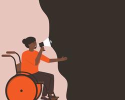 niña afroamericana discapacitada hace un anuncio a través de un megáfono vector
