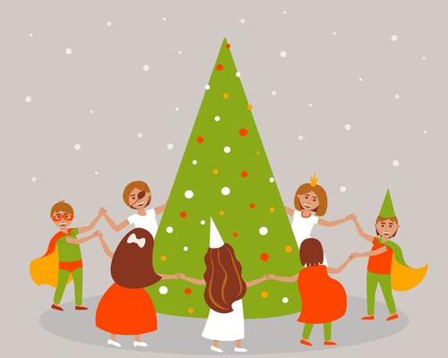 Children in carnival costumes dancing around the tree