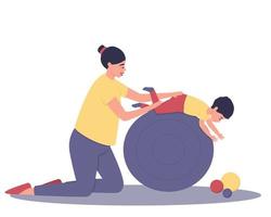 Mom and baby are doing exercises on a large ball vector