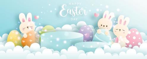 Happy Easter day with cute rabbit and round podium for product display. vector