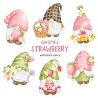 Digital paint watercolor strawberry gnomes isolated on white background. Cute gnome spring season greeting card. vector