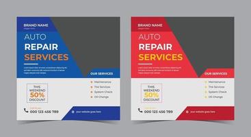 Servicios de reparación de automóviles, publicación en redes sociales y folleto. vector