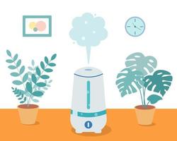 Humidificador con plantas caseras sobre la mesa de la habitación. dispositivo ultrasónico, aromatización del aire. ilustración vectorial en estilo de dibujos animados vector