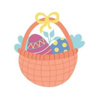 Easter eggs in a wicker basket with a bow on a white background. Vector illustration in a flat style. Greeting Card