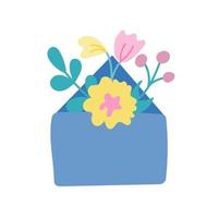 Blue envelope with flowers and plants on a white background. Vector flat illustration