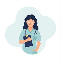 retrato de una doctora en uniforme con una tableta y un estetoscopio sobre un fondo blanco. vector de imagen plana