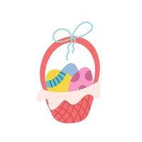 Basket with colorful Easter eggs on a white background. Vector flat illustration