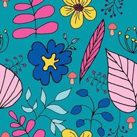 Vector seamless pattern with Doodle-style plants on a dark background, multi-colored elements with a black outline