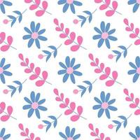 Cute pink and blue flowers on a white background. Vector seamless pattern in flat style