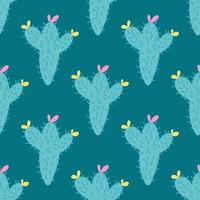 A cactus with a pink and yellow flower on a green background. Vector seamless pattern in flat style