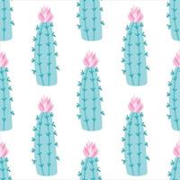 A cactus with a pink flower on a white background. Vector seamless pattern in flat style