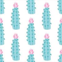 A cactus with a pink flower on a white background. Vector seamless pattern in flat style