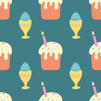 Easter cake and egg on a green background. Vector seamless pattern in flat style