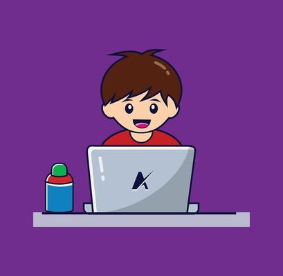 Cartoon Boy Learning At Desk With Laptop