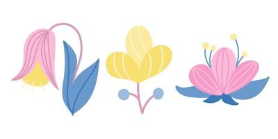 Set of three flowers in pink and blue with yellow on a white background. Vector illustration in a flat style. Icons, elements for decoration