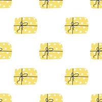 A gift in a yellow package with stars on a white background. Vector seamless pattern