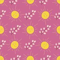 The sun and a willow branch on a pink background. Vector seamless pattern in flat style