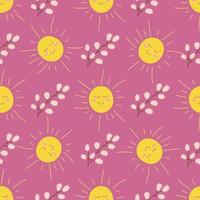 The sun and a willow branch on a pink background. Vector seamless pattern in flat style