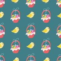 A chicken and a basket of Easter eggs on a green background. Vector seamless pattern in flat style