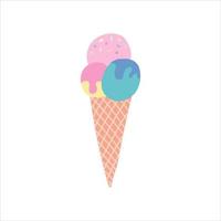 Three balls of ice cream in a cone on a white background. Vector illustration in flat style