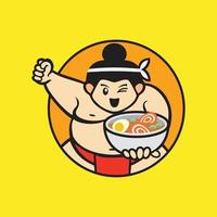 Sumo with cartoon style eating ramen mascot design Vector