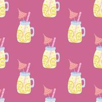 Lemonade in a jar with a straw and an umbrella on a pink background. Vector summer seamless pattern