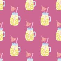 Lemonade in a jar with a straw and an umbrella on a pink background. Vector summer seamless pattern