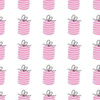 A gift in a pink package with stripes on a white background. Vector seamless pattern