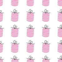 A gift in a pink package with stripes on a white background. Vector seamless pattern