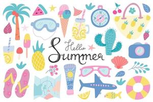 Summer beach set of elements with hand lettering on a white background. Recreation, tourism. Vector images in a flat style