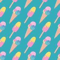 Ice cream on a stick and in a waffle cone on a green background. Summer vector seamless pattern in flat style