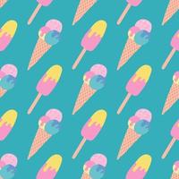 Ice cream on a stick and in a waffle cone on a green background. Summer vector seamless pattern in flat style