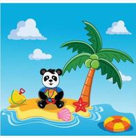 panda jugando con pelota y arena en la playa diseño plano vector