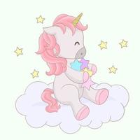 hermoso unicornio en las nubes con estrellas vector